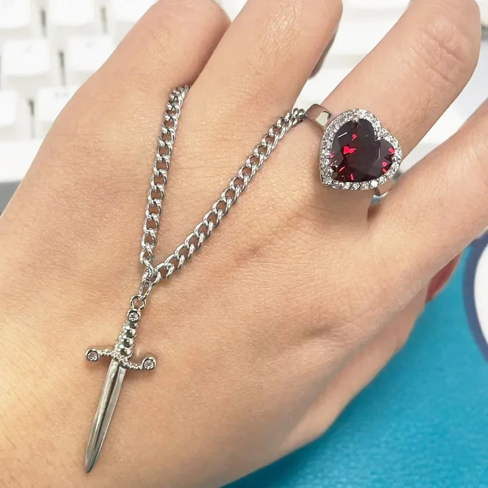 Heart and Sword Necklace - Couple Necklaces - 18K Gold Plated STAINLESS STEEL Zircon Crystal Ring Bracelet Necklace Jewelry Set