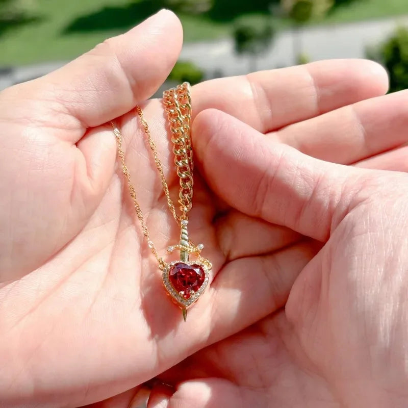 Heart and Sword Necklace - Couple Necklaces - 18K Gold Plated STAINLESS STEEL Zircon Crystal Ring Bracelet Necklace Jewelry Set