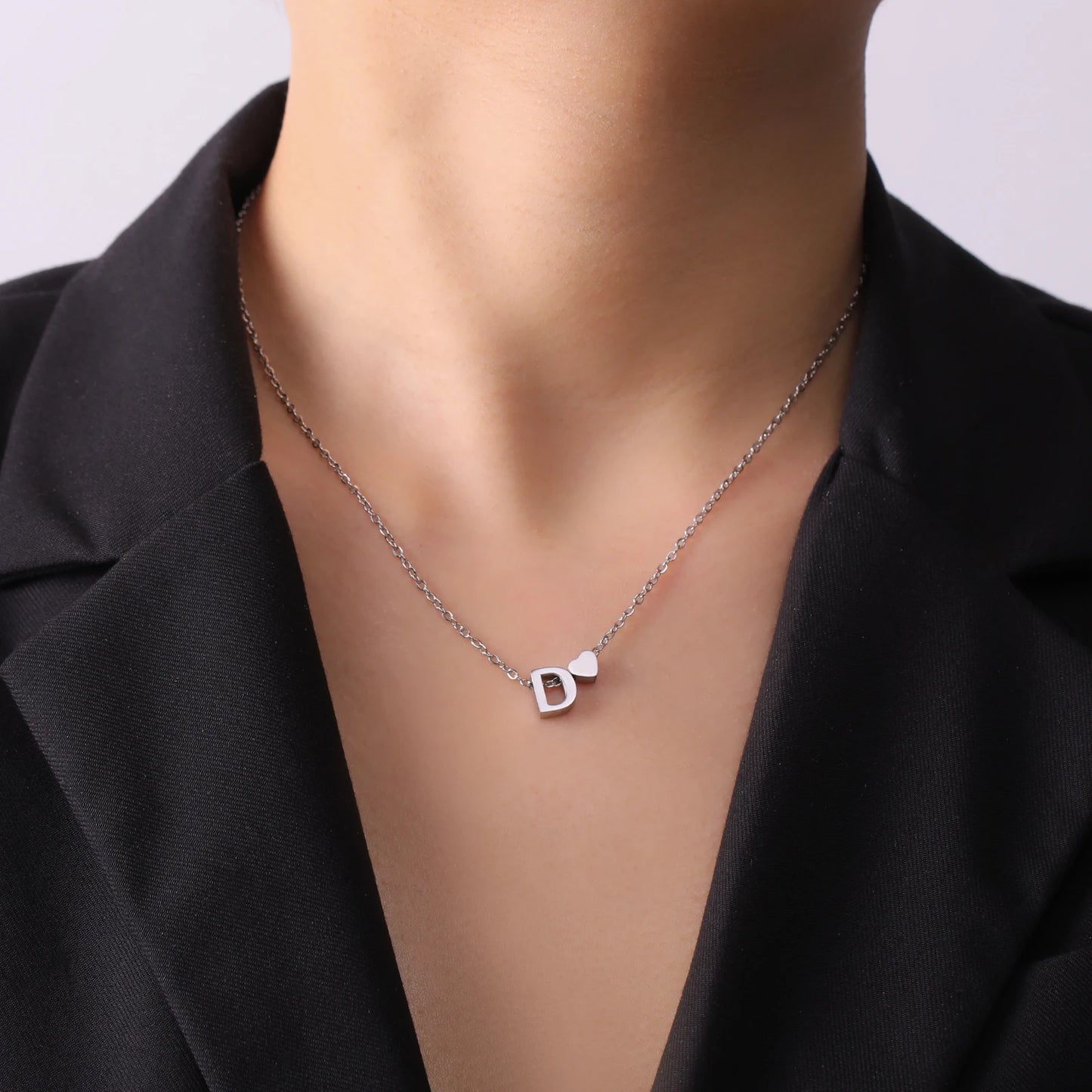 Elegant Initial Necklace with Mini Heart Pendant – Stainless Steel Adjustable Choker – Perfect Gift for Her